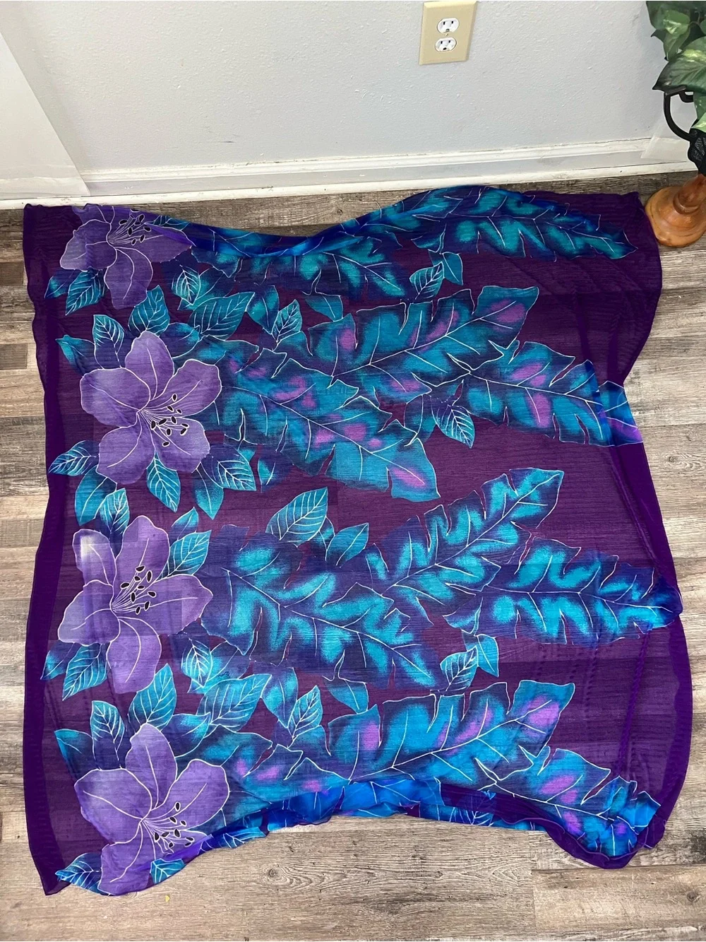 Purple Tropical Floral Sheer Scarf Wrap Shawl Beach Resort Cover Up